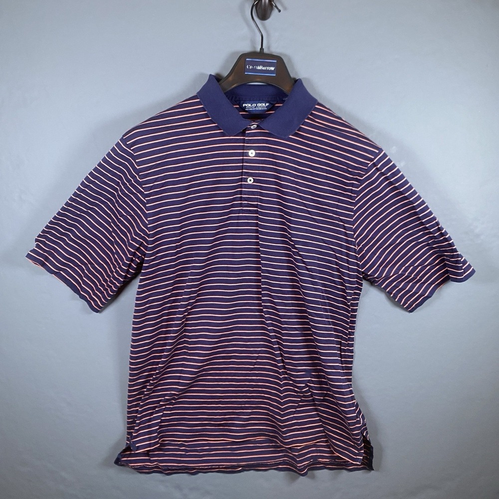 Polo‎ Ralph Lauren Shirt Mens Large Polo Golf Navy Orange Striped Pima Cotton